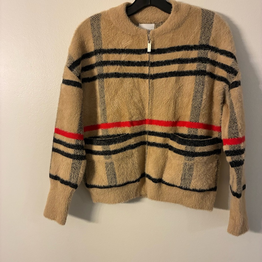 Miley Cyrus Stylish Tan and Red Women's Sweater, cardigan full zip